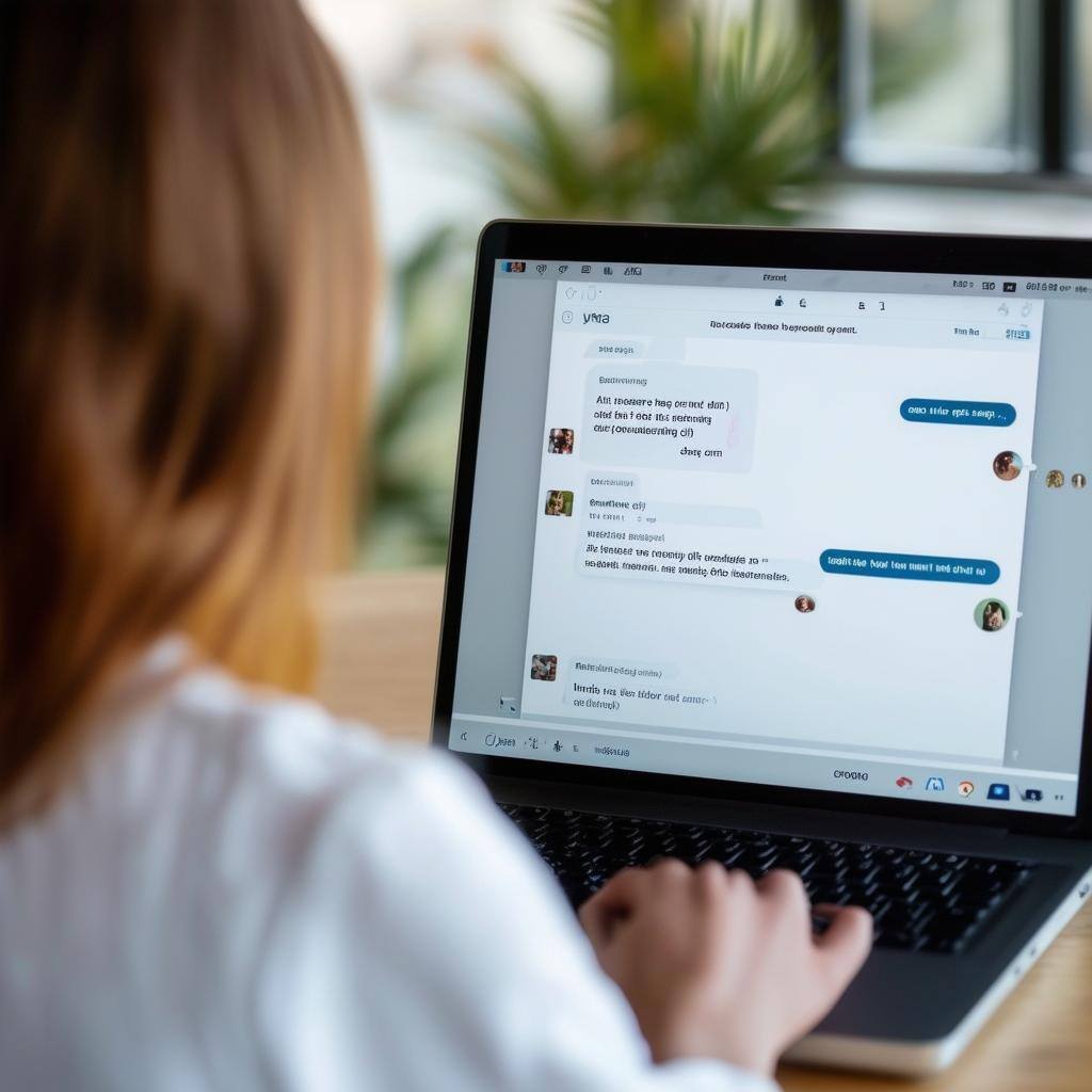 A chat screen with friendly conversation overlooking the shoulder of a female person working on a laptop at a desk