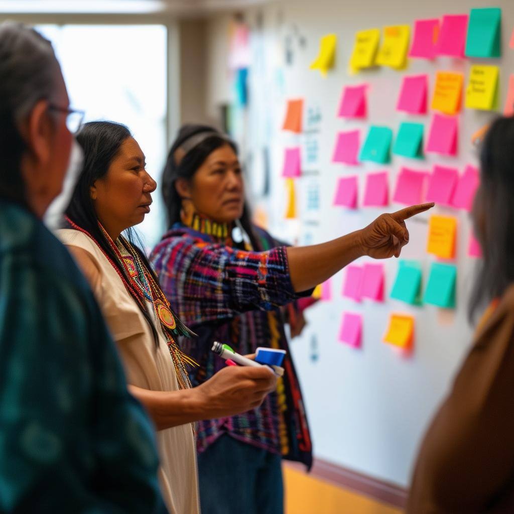 A scene of a workshop with a person leading the conversation holding markers and pointing to a wall with colorful sticky notes while speaking to a gro