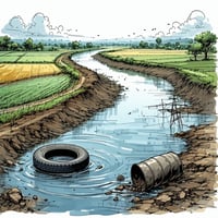 A polluted stream with tire and oil drum.